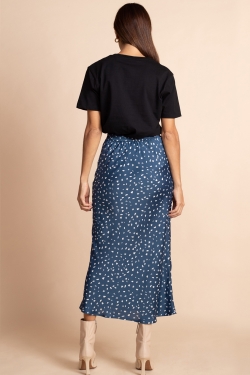 Renzo Planet Friendly Midi Skirt in Abstract White on Navy