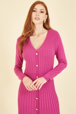 Pink Gold Buttons Knitted Dress