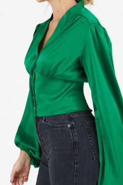 Amy Satin Oversized Sleeve Cropped Blouse