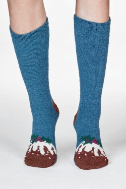 Ella Fuzzy Christmas Pudding Socks in Blue Slate