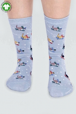 Skiing Penguins GOTS Organic Cotton Skiing Cat Socks in Foam Blue
