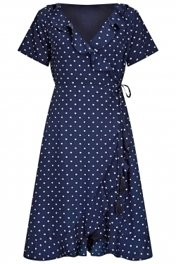 Polka Dot Frill Wrap-Dress Navy