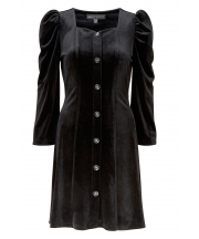 Βελουδινο κοντο μαυρο φορεμα με εντονους ωμους και μπροστινο κουμπωμα