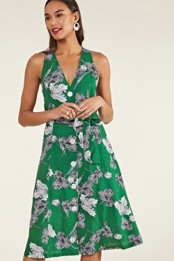 Green Floral Button-Up Summer Dress
