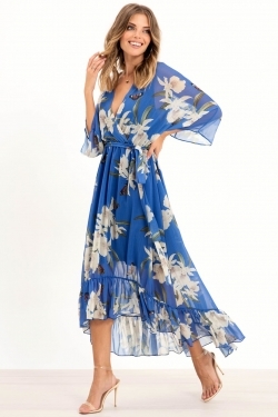Floral Kimono Sleeve Midi Wrap-Dress in Blue