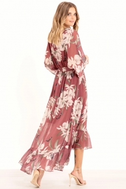 Floral Kimono Sleeve Midi Wrap-Dress in Rose Pink