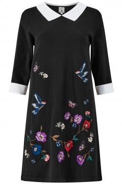 Bird and Flower Embroidered Collar Knitted Dress