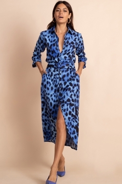 Alva Midi Shirt-Dress in Bright Blue Leopard