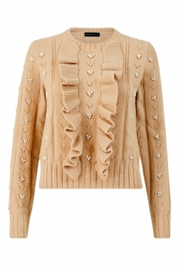 Pearl and Frill Cropped Knitted Blouse in Camel