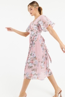 Pam Floral Chiffon Wrap-Dress in Pink