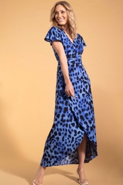 Cayenne Midi Wrap-Dress in Bright Blue Leopard