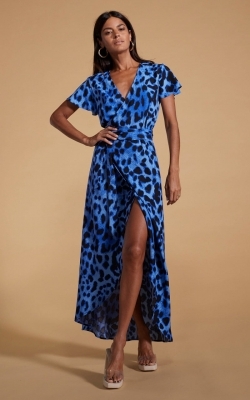 Cayenne Midi Wrap-Dress in Bright Blue Leopard