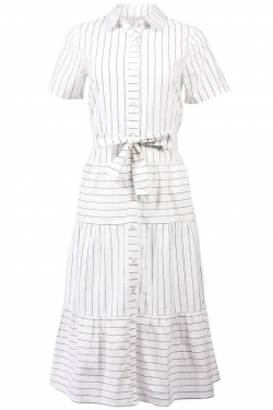 White Stripe Print Tiered Cotton Dress