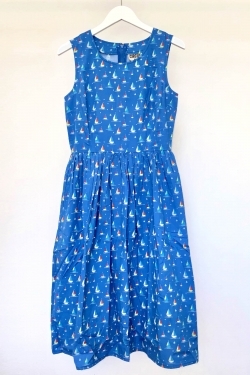 Leia Sail Print Cotton Dress in Blue