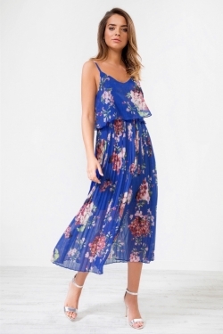 Floral Print Cami Midi Dress in Dark Blue