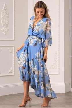 Kimono Sleeve Floral Wrap-Dress in Light Blue