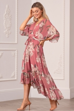 Kimono Sleeve Floral Wrap-Dress in Peach
