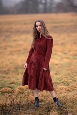 Soft Corduroy Cotton Frill-Neck Dress in Fired Brick